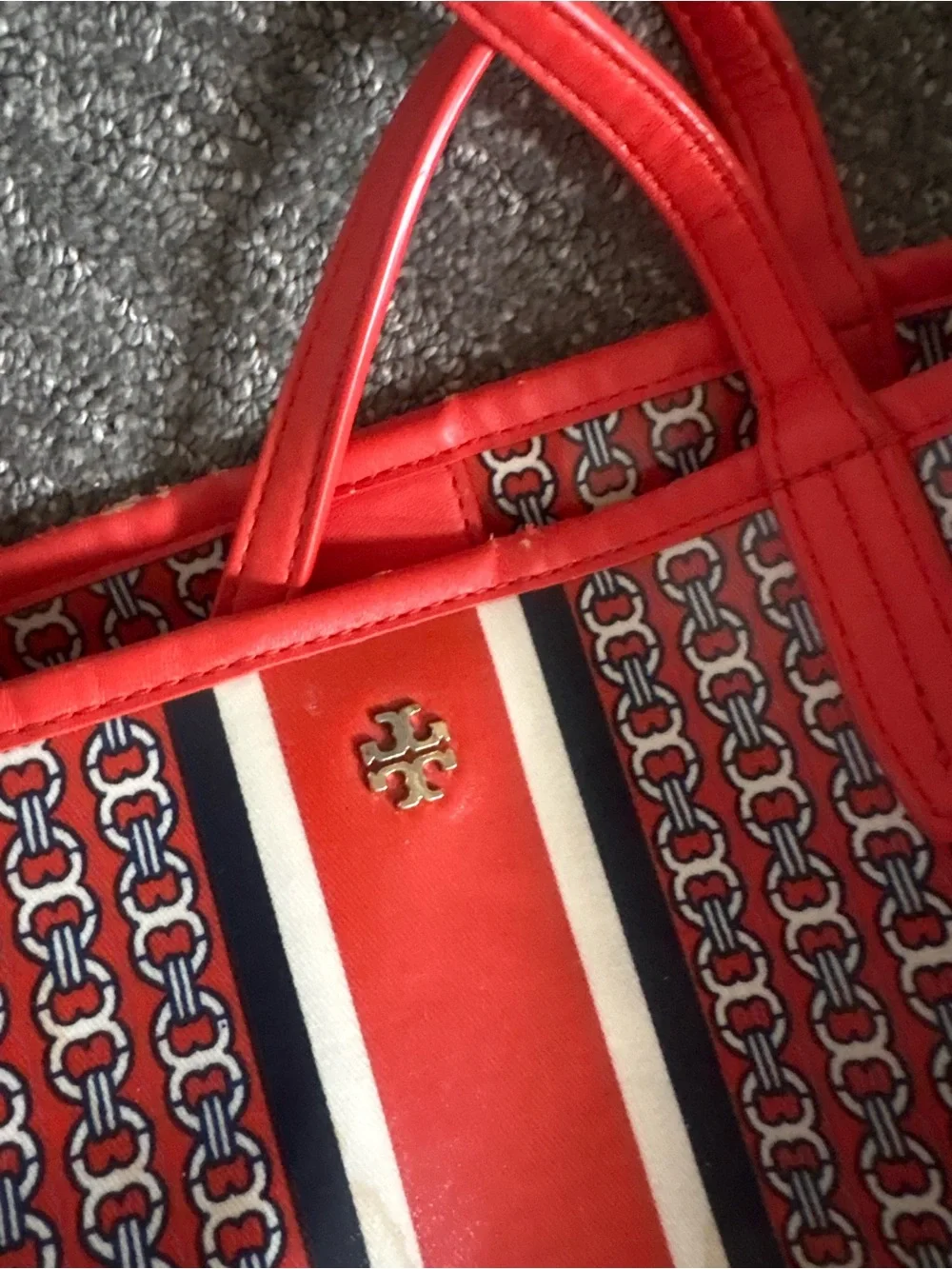 Tory Burch red Orange Gemini Link Canvas Open Top Large Tote Purse